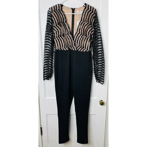 Rare London Jumpsuit Sz M 6 Womens Black Sequin Open Knit V-Neck NWT